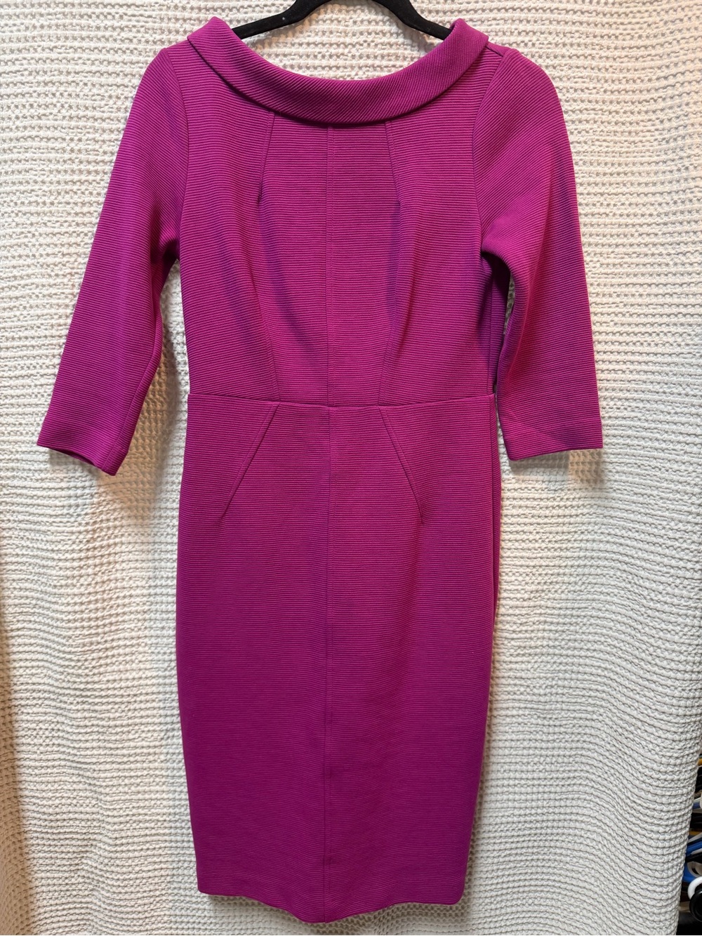 Boden 6P Zoe Dress Magenta Ribbed Textured 3/4 Sleeve Funnel Collar Sheath Dress